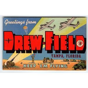 Greetings From Drew Field Tampa Florida Large Letter Linen Postcard Army Planes